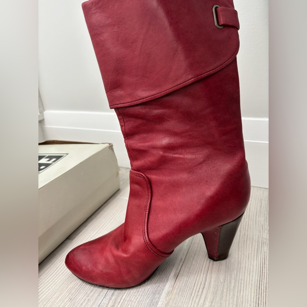 Frye Bethany Cranberry Red Heeled Boots with Cone Heel and Slouched Design